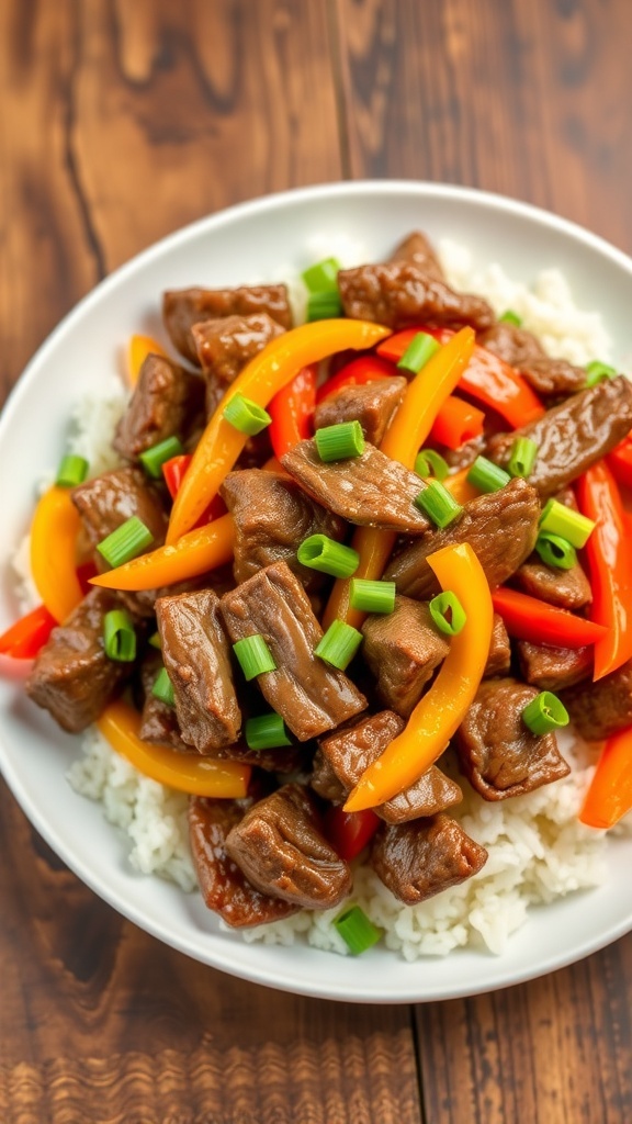 Crispy beef stir-fry with bell peppers and onions served over rice, garnished with green onions.